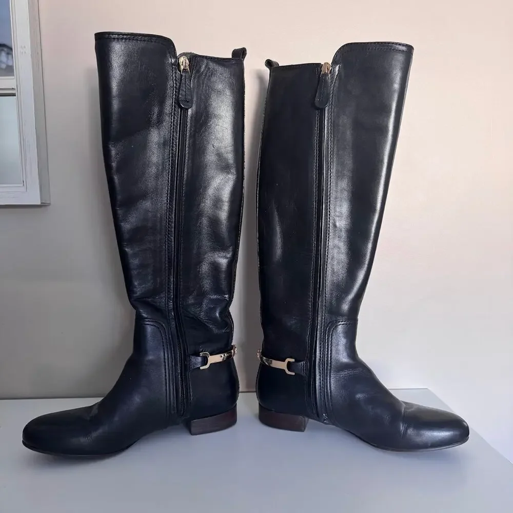 Tory Burch Tall Black Leather Riding Boots Horsebit Heel Logo Hardware Size 5